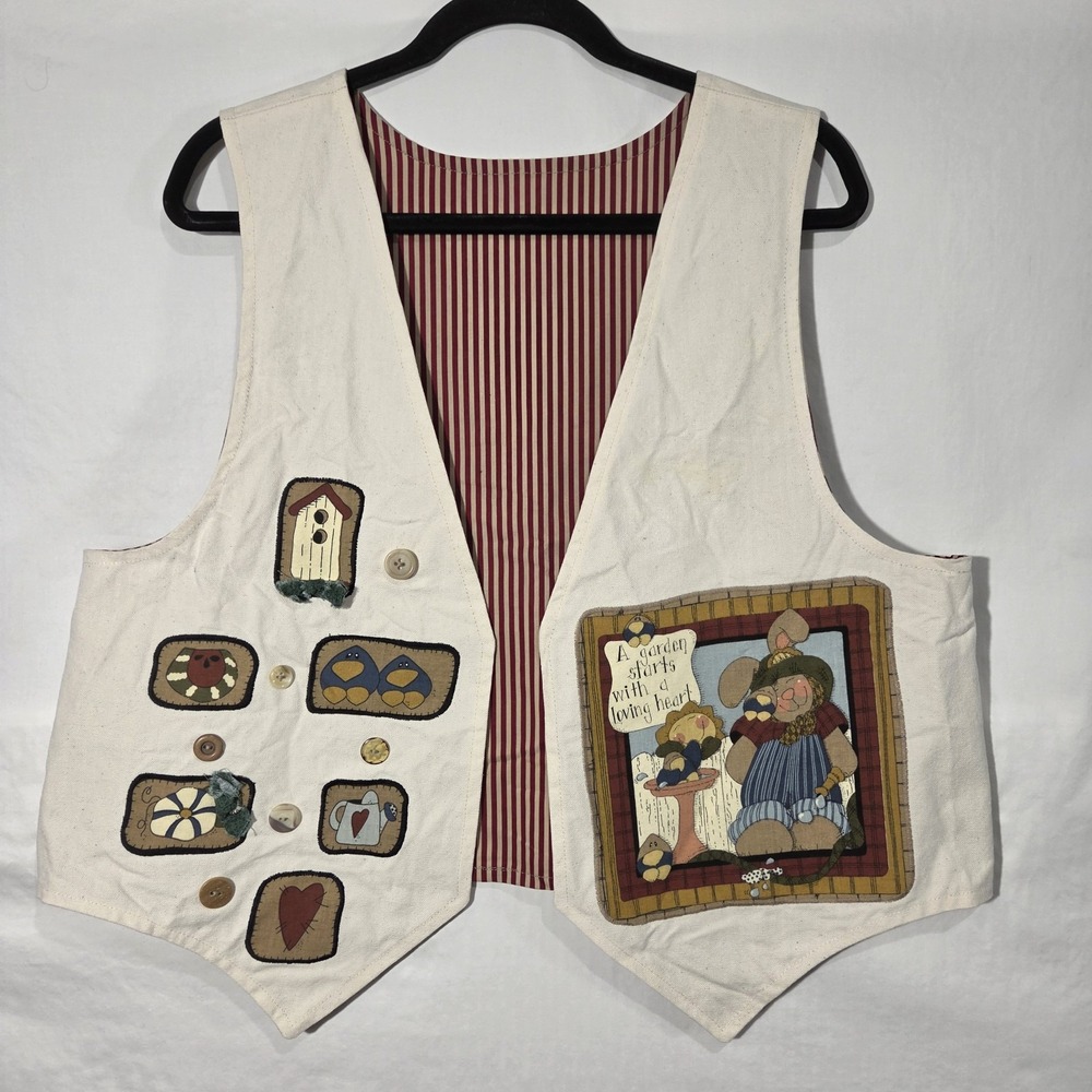 Vintage Handmade Applique Garden Bunnies Vest 2XL Open Front Reversible Cottage
